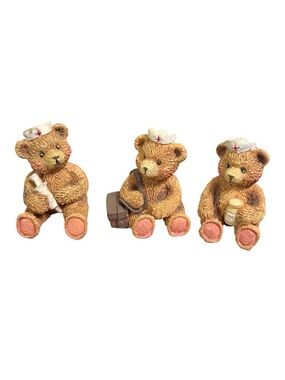 Set of 3 Resin Nurse Bear Figurines - Brown and Pink